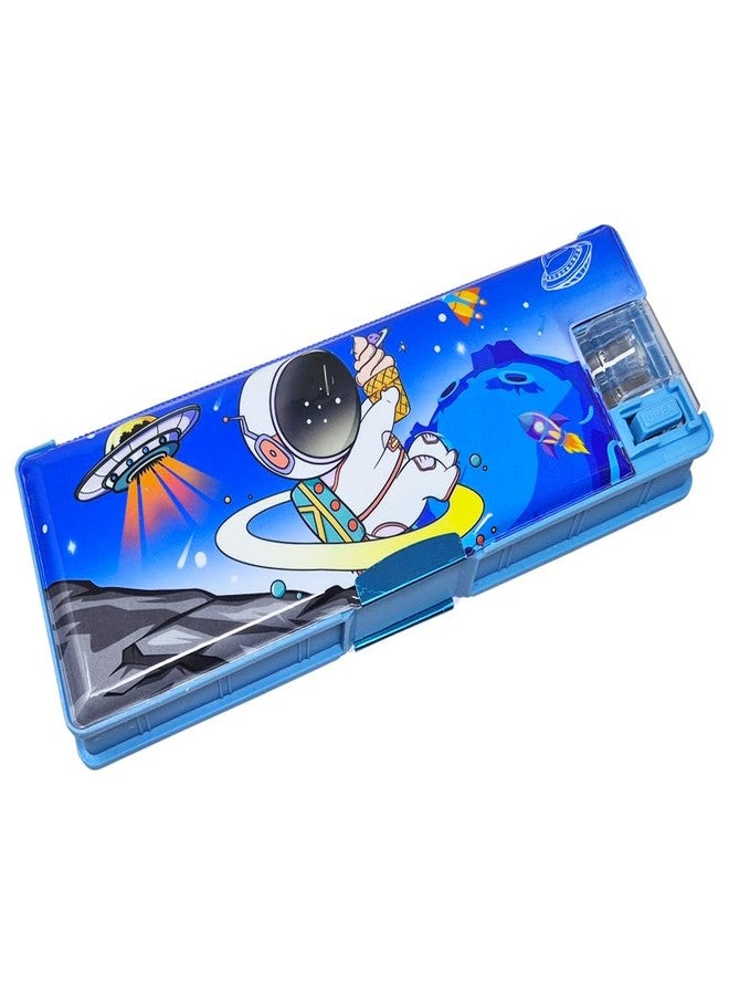 Sidak Plastic Space Themed Pencil Box, Inbuilt LED Light with 2 Compartments and Dual Sharpener, Magnetic Lock, Pencil Box for Kids (Blue) - Image 1